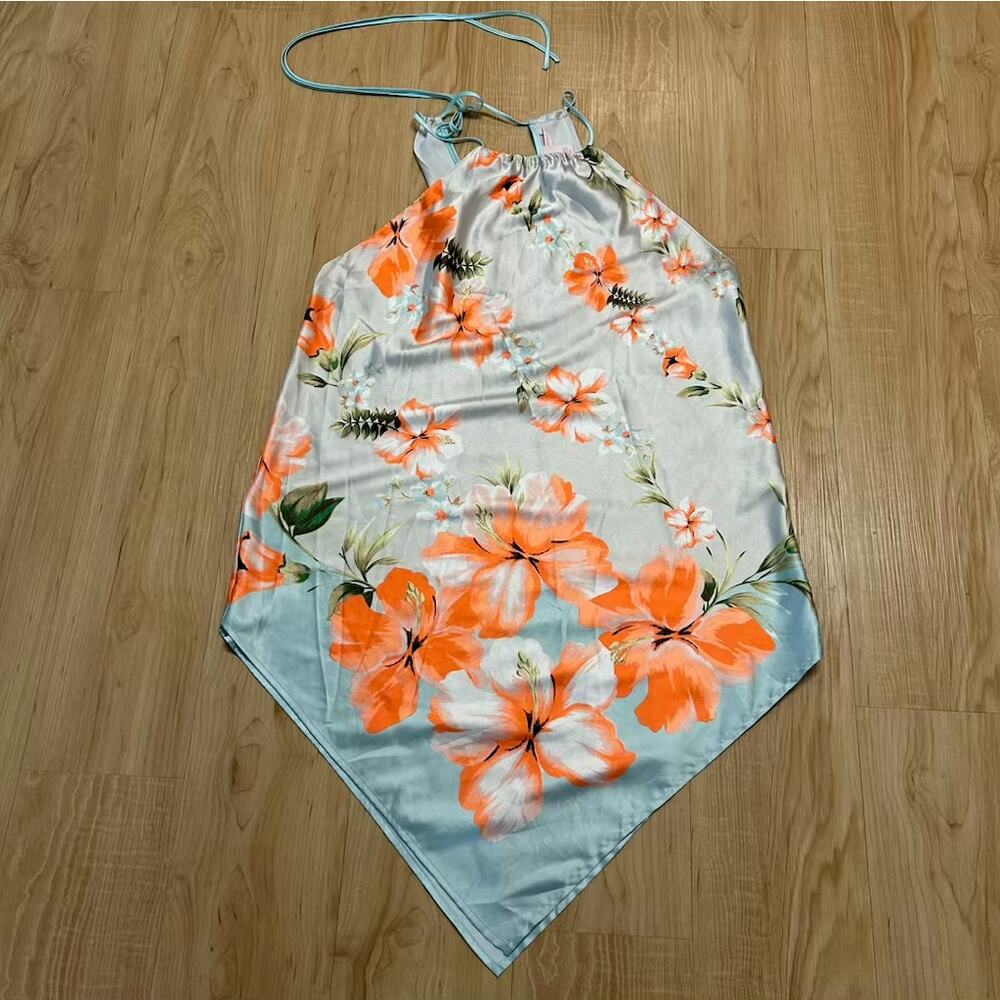 Victoria's Secret Slip Dress Womens Small Halter Handkerchief Hem Floral Blue